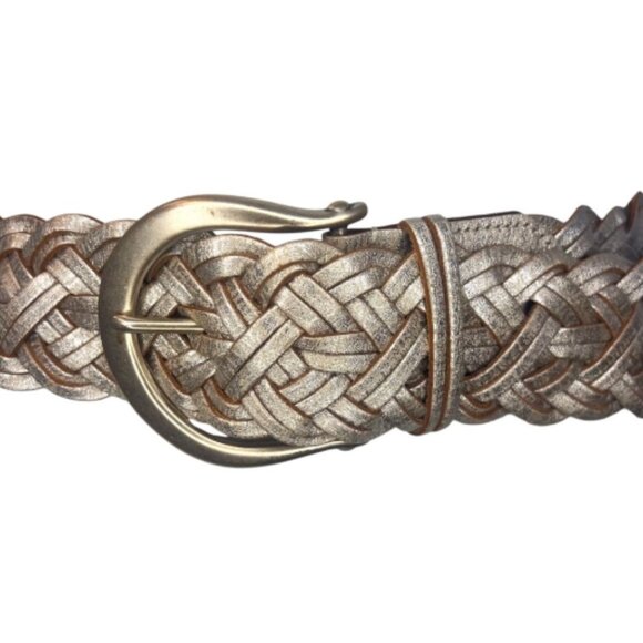 Linea Pelle Collection Wide Braided Leather Belt Sz S Silver Woven Boho Western - Picture 2 of 5